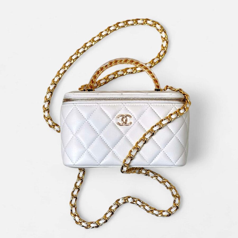 Túi Xách Chanel Vanity Lambskin quai Vàng màu Trắng