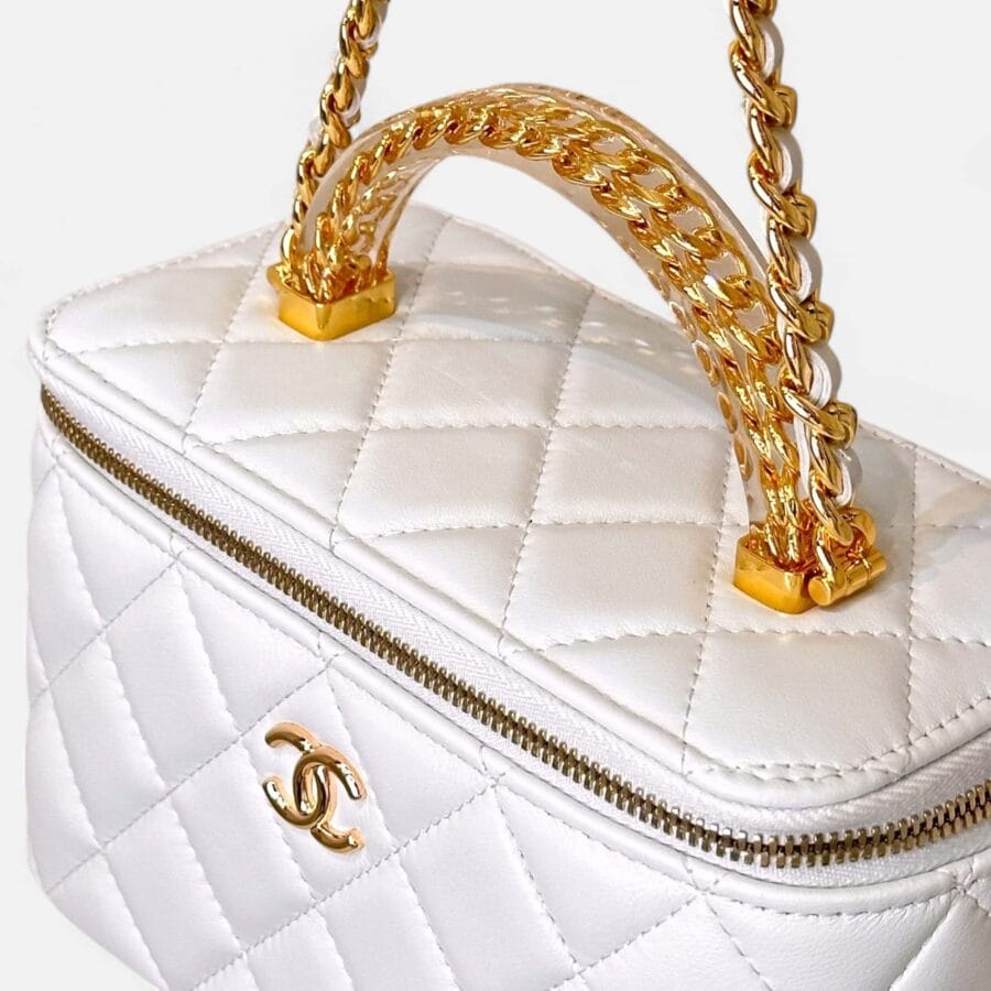 Túi Xách Chanel Vanity Lambskin quai Vàng màu Trắng - Image 4