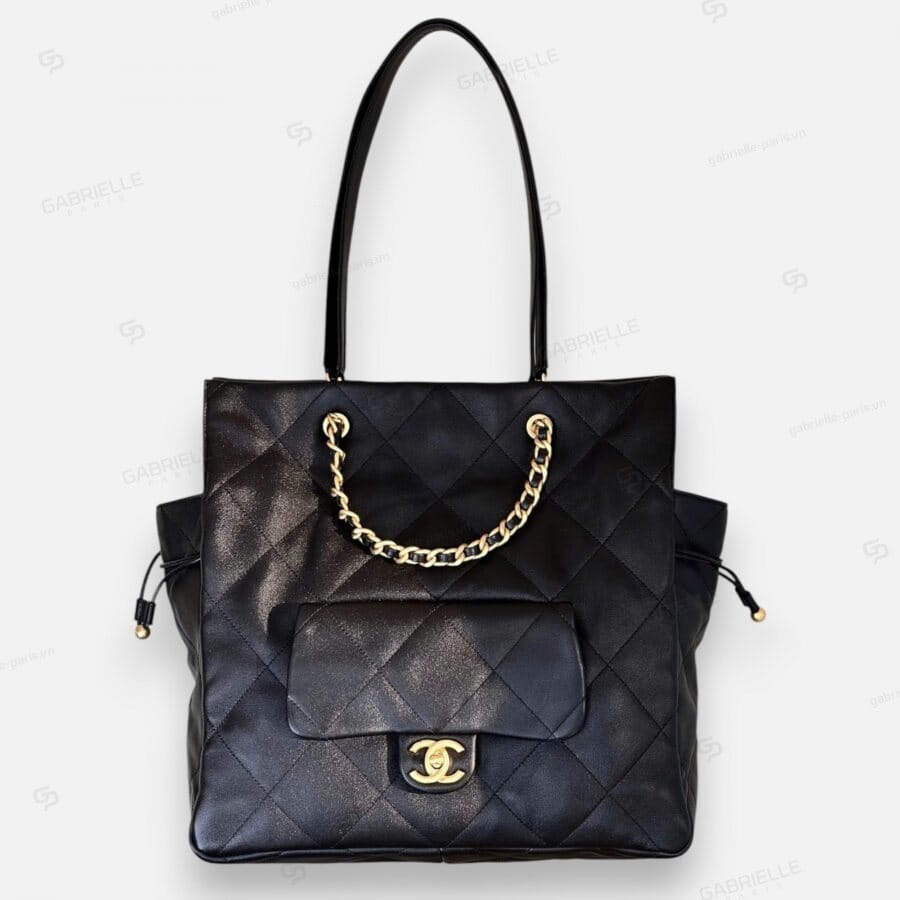 Túi xanh Chanel 25C tote bag màu đen khoá vàng da cừu