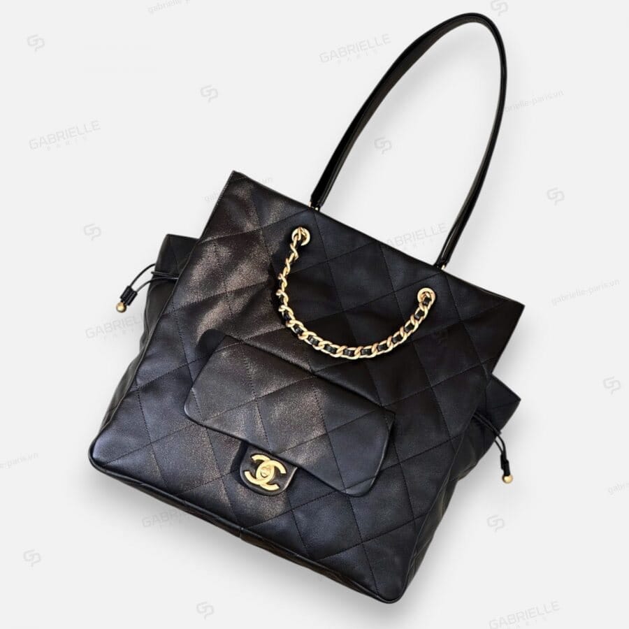 Túi xanh Chanel 25C tote bag màu đen khoá vàng da cừu - Image 5