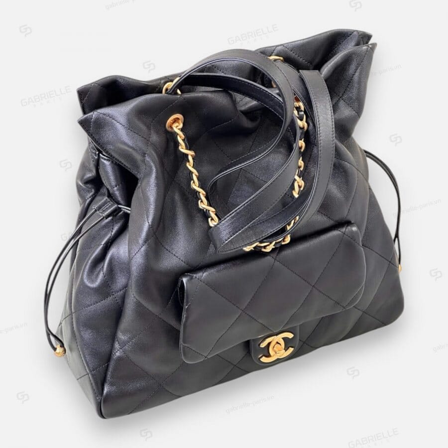 Túi xanh Chanel 25C tote bag màu đen khoá vàng da cừu - Image 2