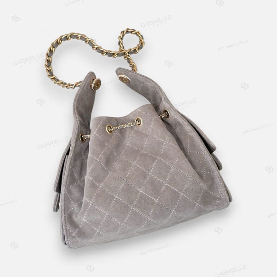 Túi xách Chanel Hobo Bucket màu Xám da lộn - Image 5