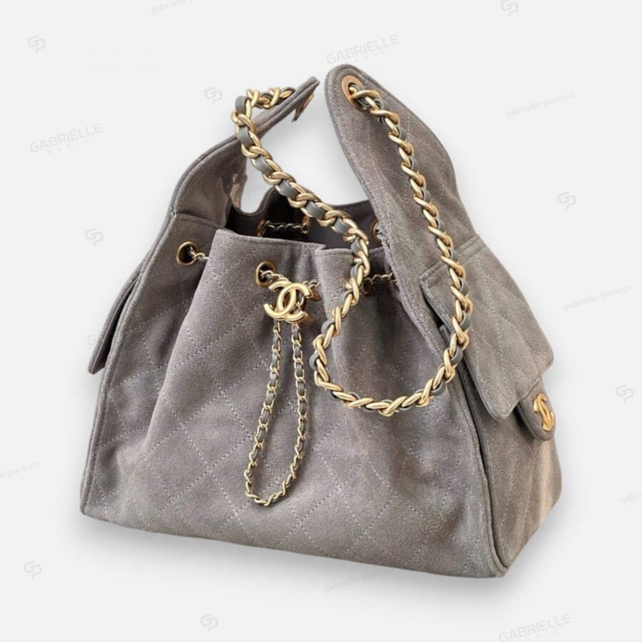 Túi xách Chanel Hobo Bucket màu Xám da lộn - Image 2