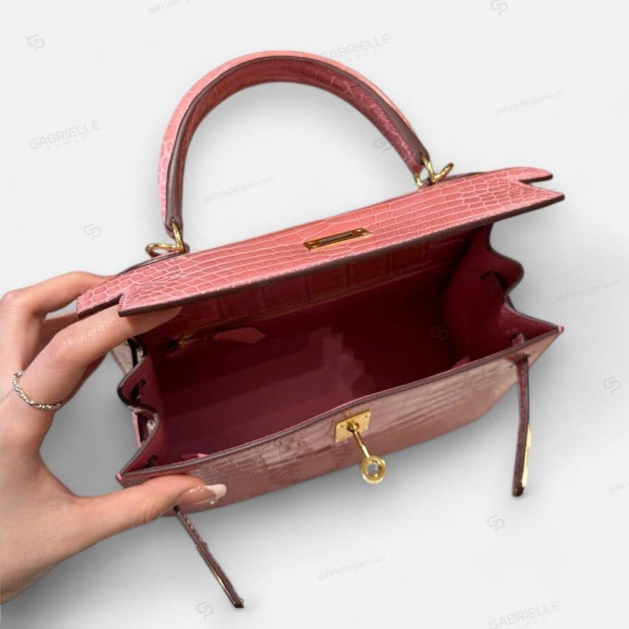 Túi xách Hermes Kelly 25 Rose Confetti GHW Porosus shiny - Image 8