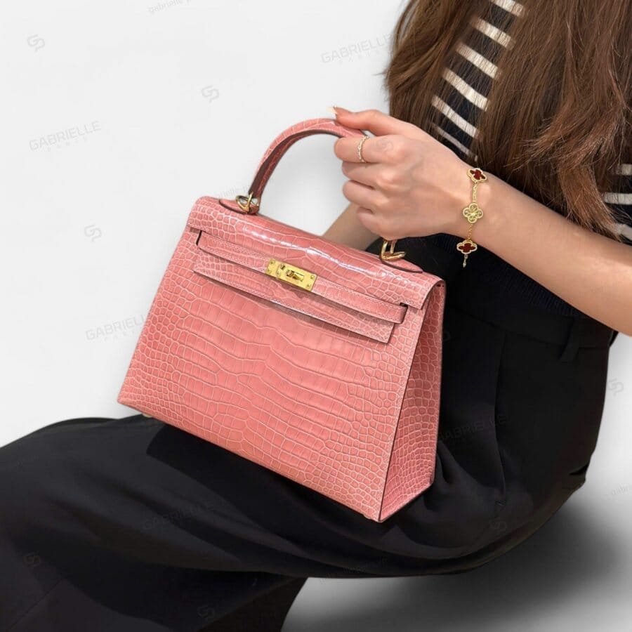 Túi xách Hermes Kelly 25 Rose Confetti GHW Porosus shiny - Image 9