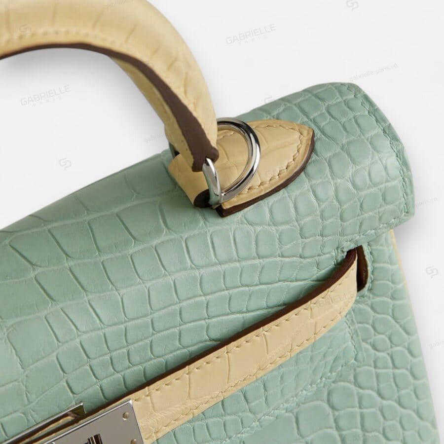 Túi xách Hermes Kelly 25 6U Vert deau Yi Vanille PHW Alligator - Image 3