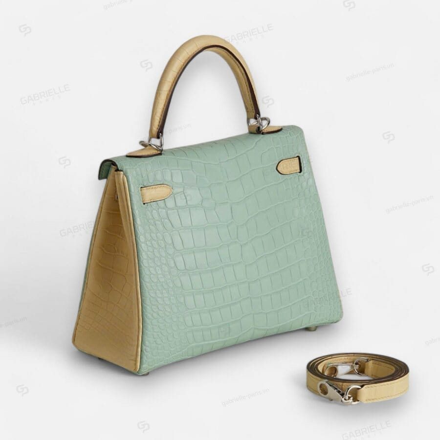 Túi xách Hermes Kelly 25 6U Vert deau Yi Vanille PHW Alligator - Image 5