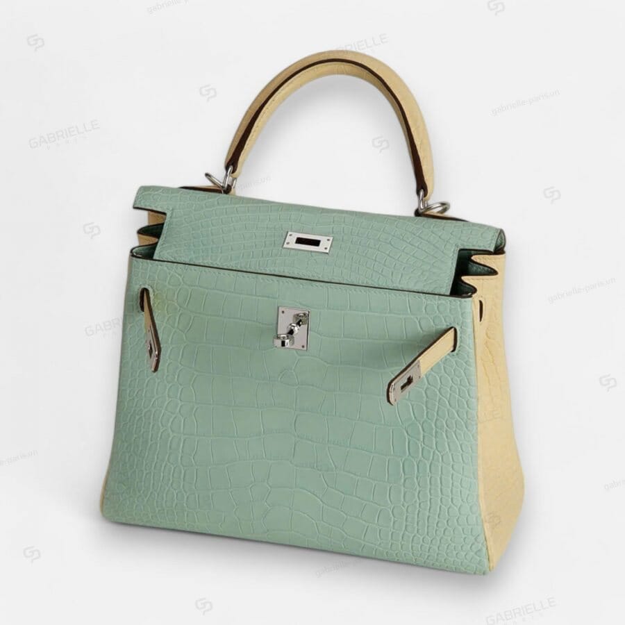 Túi xách Hermes Kelly 25 6U Vert deau Yi Vanille PHW Alligator - Image 2