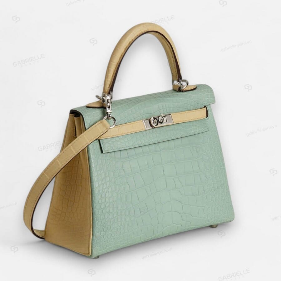 Túi xách Hermes Kelly 25 6U Vert deau Yi Vanille PHW Alligator - Image 7