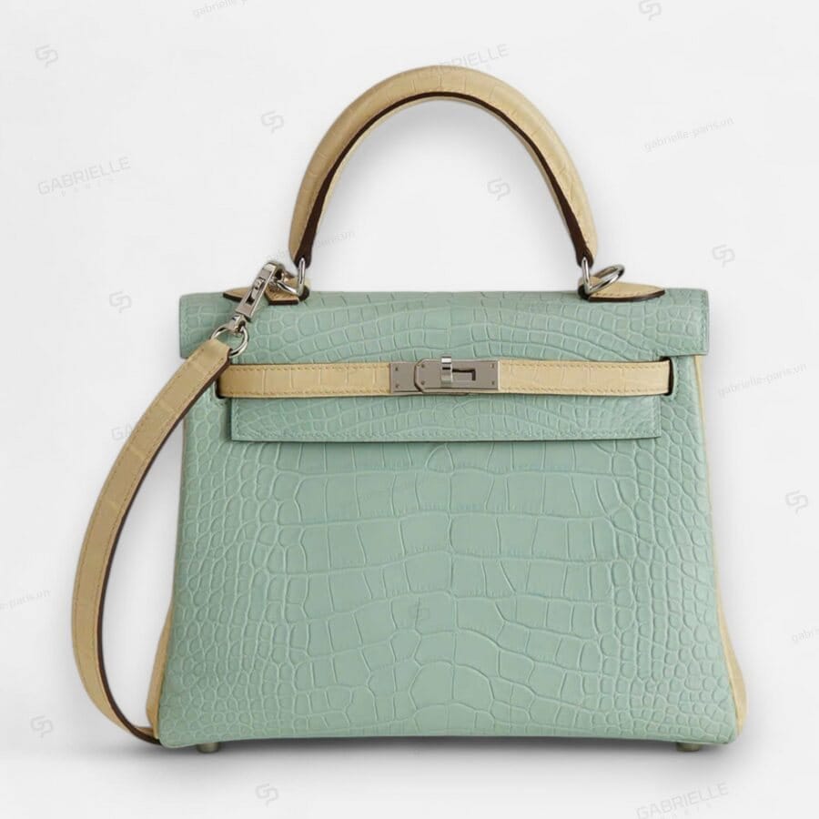 Túi xách Hermes Kelly 25 6U Vert deau Yi Vanille PHW Alligator